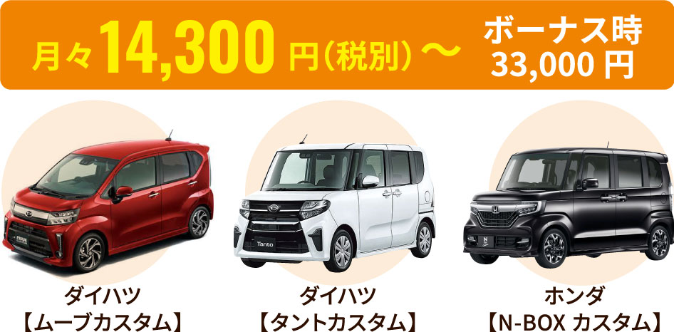 月々14,300円（税込）～ボーナス時33,000円、ダイハツムーブカスタム、ダイハツタントカスタム、ホンダN-BOXカスタム